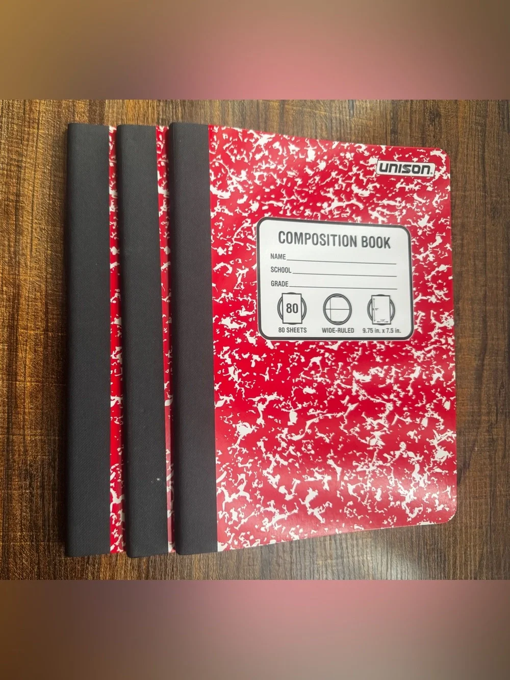 Unison Red Marble Composition Notebook (Lot of 3)Wide Ruled 80 Sheets New